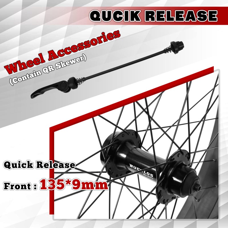 BUCKLOS 26 x 4.0 Inch Fat Tire Bike Wheel Front Mountain Bicycle Rim 135mm Hub 9mm Quick Release Wheelset Aluminum Alloy Disc Brake 36 14G Spoke for MTB Ebike Beach Snow Cruiser - Image 3