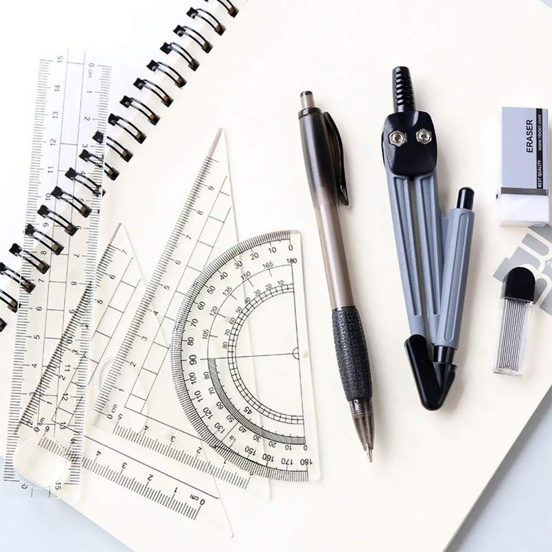 NORACLAN Math Geometry Kit Set 8 Pieces Student Supplies with Shatterproof Storage Box,Includes Rulers,Protractor,Compass,Pencil Lead Refills,Pencil,Eraser.for Students and Engineering Drawings - Image 3