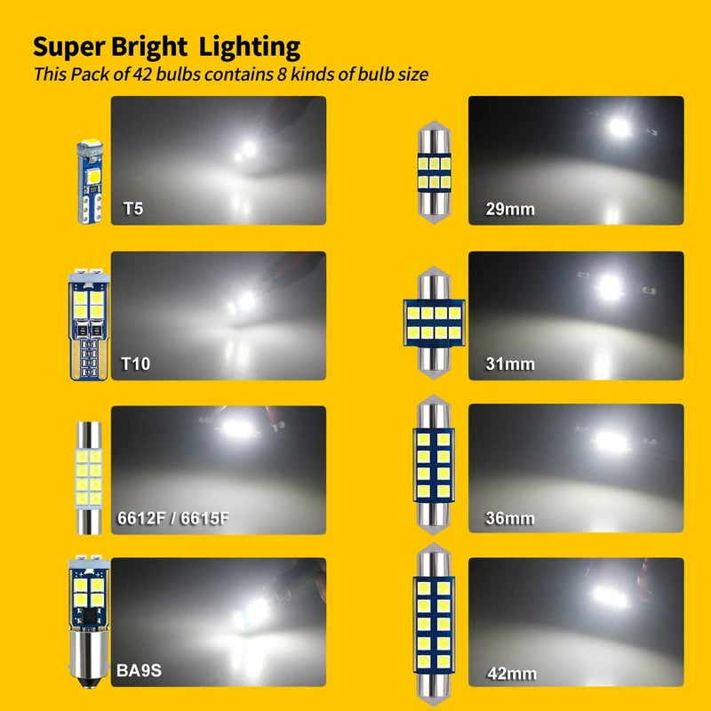 EBAIFUN 42-Pack White 12V DE3175 6418 6411 T10 2825 BA9S 64111 T5 74 6612F 6615F 31mm 36mm 41mm LED bulb Kit for Car Truck Interior Map Dome Vanity Mirror Trunk Door Courtesy License Plate Light - Image 4