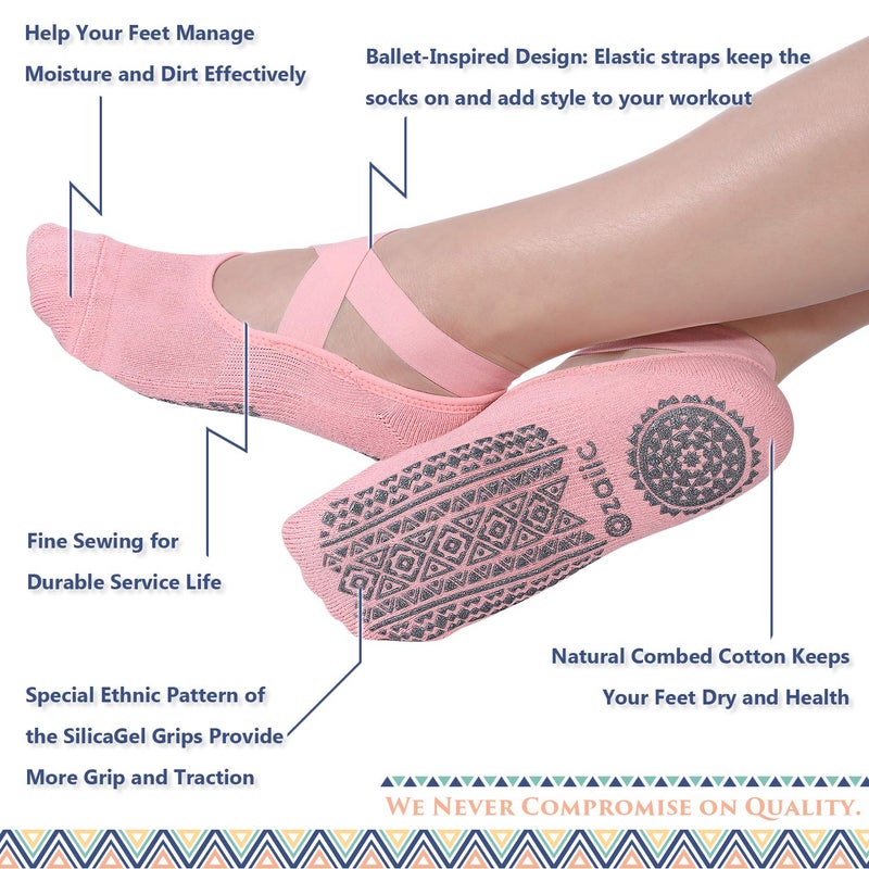 Ozaiic Yoga Socks for Women Non-Slip Grips & Straps, Ideal for Pilates, Pure Barre, Ballet, Dance, Barefoot Workout (3 Pairs-Gray/Green/Pink, One Size (Women 5.5-11)) - Image 2