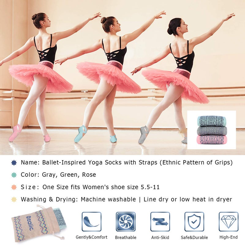 Ozaiic Yoga Socks for Women Non-Slip Grips & Straps, Ideal for Pilates, Pure Barre, Ballet, Dance, Barefoot Workout (3 Pairs-Gray/Green/Pink, One Size (Women 5.5-11)) - Image 5