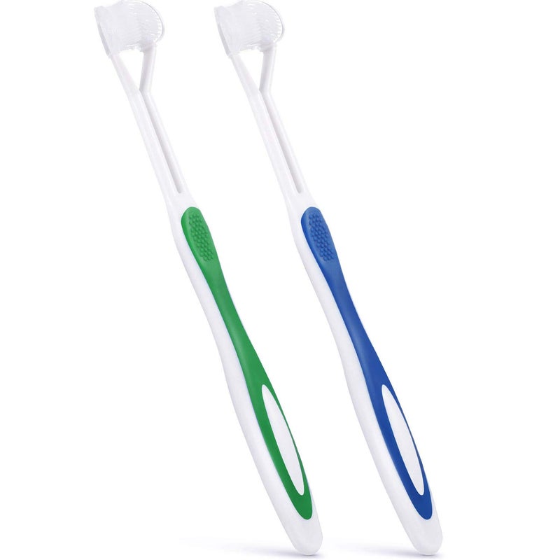 Boao 2 Pieces Autism Toothbrush Three Bristle Travel Toothbrush for Complete Teeth and Gum-Care, Great Angle Bristles Clean Each Tooth, Soft and Gentle (Green, Blue) - Image 1
