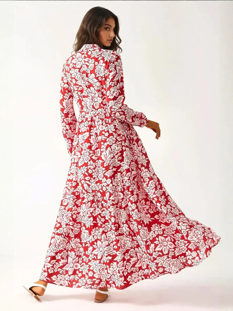HICCUP Printed Maxi Dress with Shirt Collar
