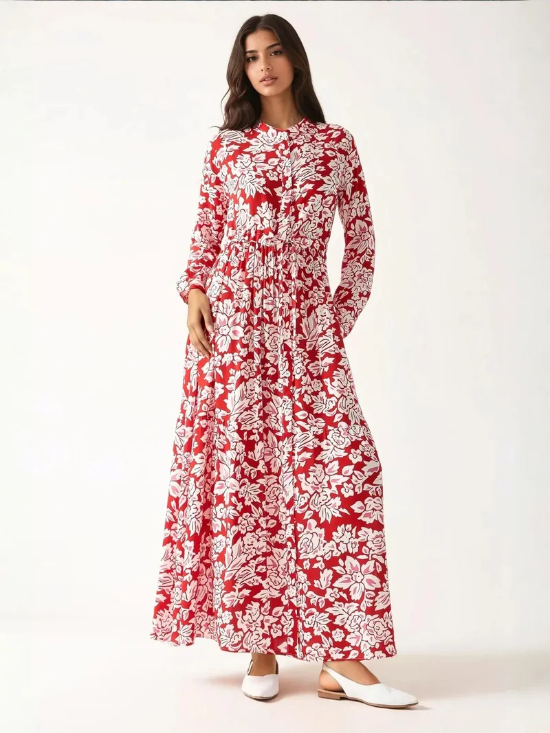HICCUP Printed Maxi Dress with Shirt Collar