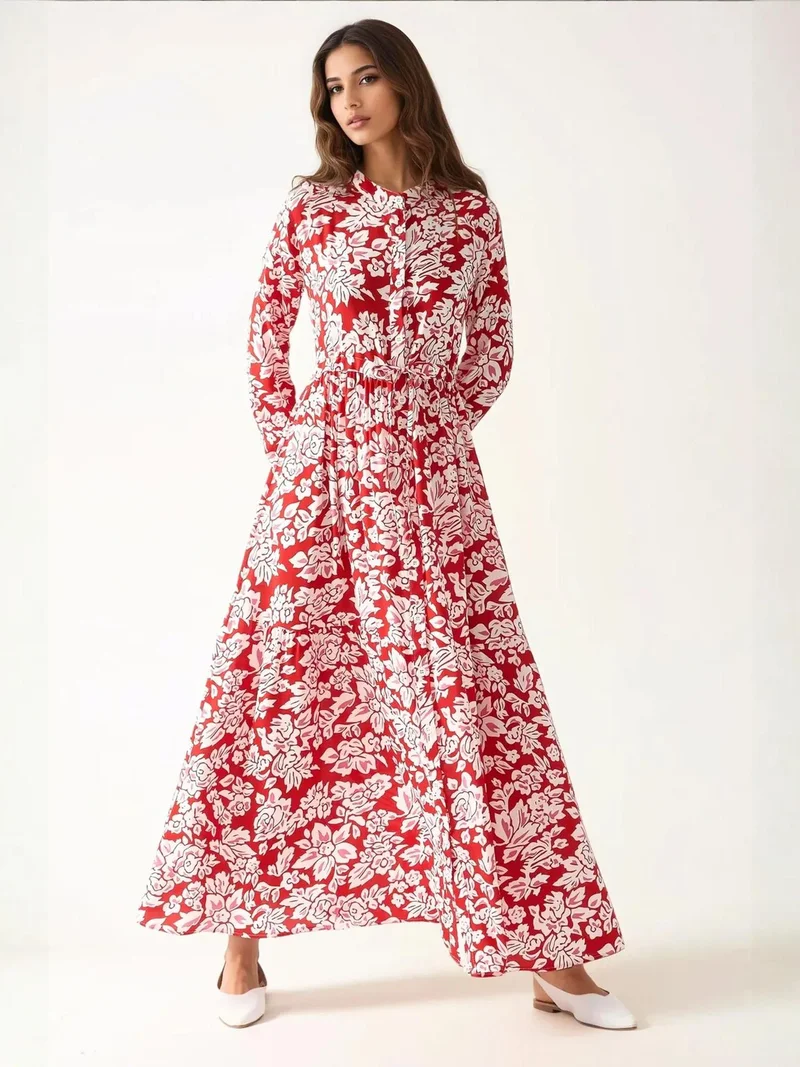 HICCUP Printed Maxi Dress with Shirt Collar