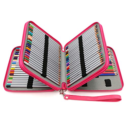 BTSKY Deluxe PU Leather Pencil Case For Colored Pencils - 120 Slot Pencil Holder with Handle Strap Handy Colored Pencil Box Large (Rose Red) - Image 1