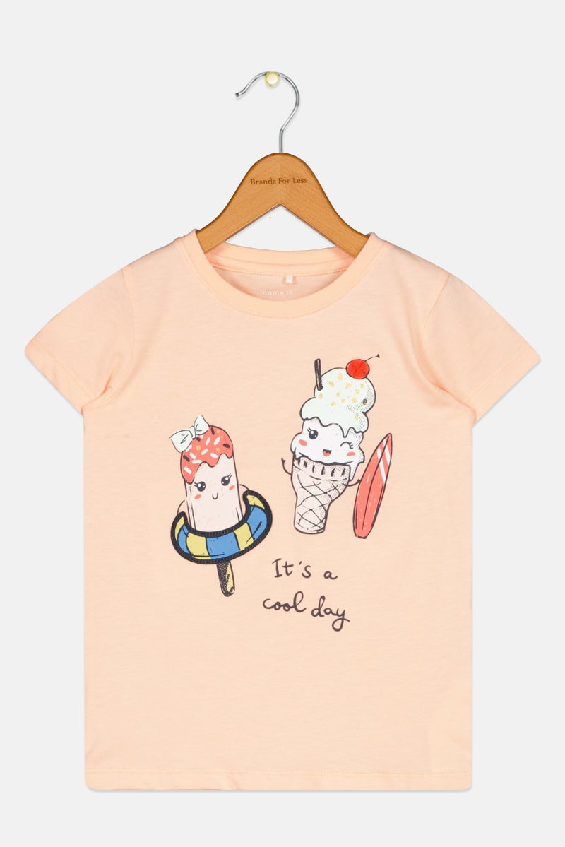 NAME IT Toddlers Girl Short Sleeve Graphic Print T Shirt, Peach - Image 1