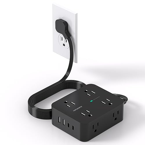 HANYCONY Power Strip Surge Protector, HANYCONY 5Ft Ultra Thin Flat Extension Cord with Multiple Outlets, 8 Widely Outlet Extender 4 USB Ports(2 USB C), 1080J Wall Mount for College Dorm Room Essentials Black - Image 1