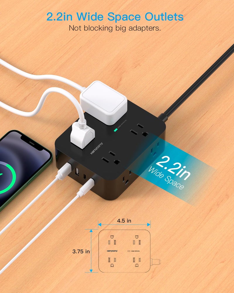 HANYCONY Power Strip Surge Protector, HANYCONY 5Ft Ultra Thin Flat Extension Cord with Multiple Outlets, 8 Widely Outlet Extender 4 USB Ports(2 USB C), 1080J Wall Mount for College Dorm Room Essentials Black - Image 5