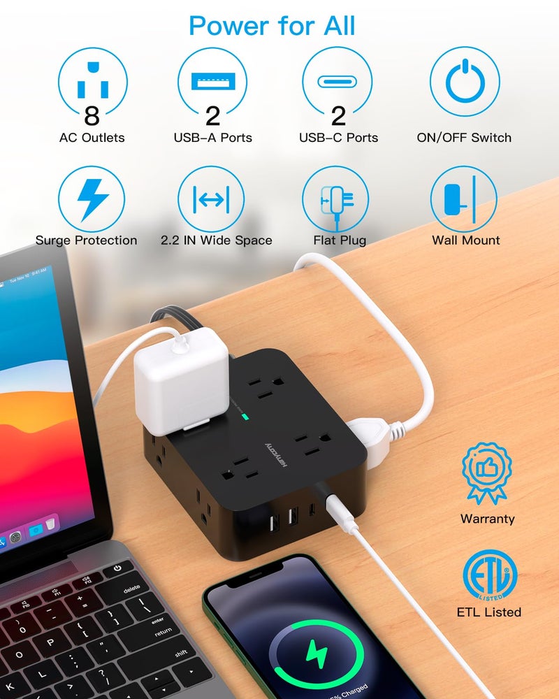 HANYCONY Power Strip Surge Protector, HANYCONY 5Ft Ultra Thin Flat Extension Cord with Multiple Outlets, 8 Widely Outlet Extender 4 USB Ports(2 USB C), 1080J Wall Mount for College Dorm Room Essentials Black - Image 3