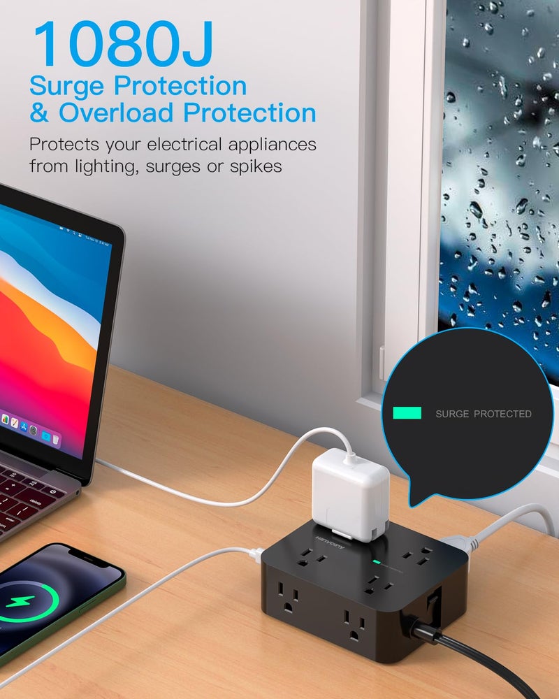 HANYCONY Power Strip Surge Protector, HANYCONY 5Ft Ultra Thin Flat Extension Cord with Multiple Outlets, 8 Widely Outlet Extender 4 USB Ports(2 USB C), 1080J Wall Mount for College Dorm Room Essentials Black - Image 4
