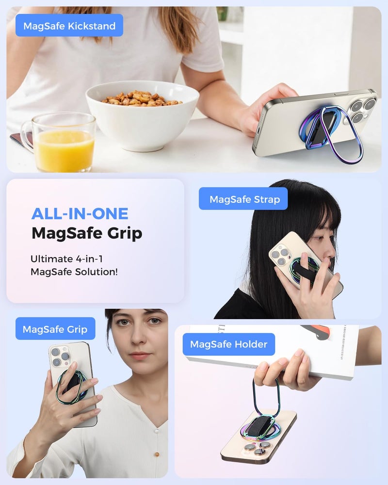SUPERONE [2025 Newest] SUPERONE for Magsafe Phone Grip for Magnetic Kickstand Compatible with Mag Safe Finger Loop, 4-in-1 Phone Ring Holder Strap for Magnetic iPhone 17/16/15/14/13/12 (Silver) - Image 5