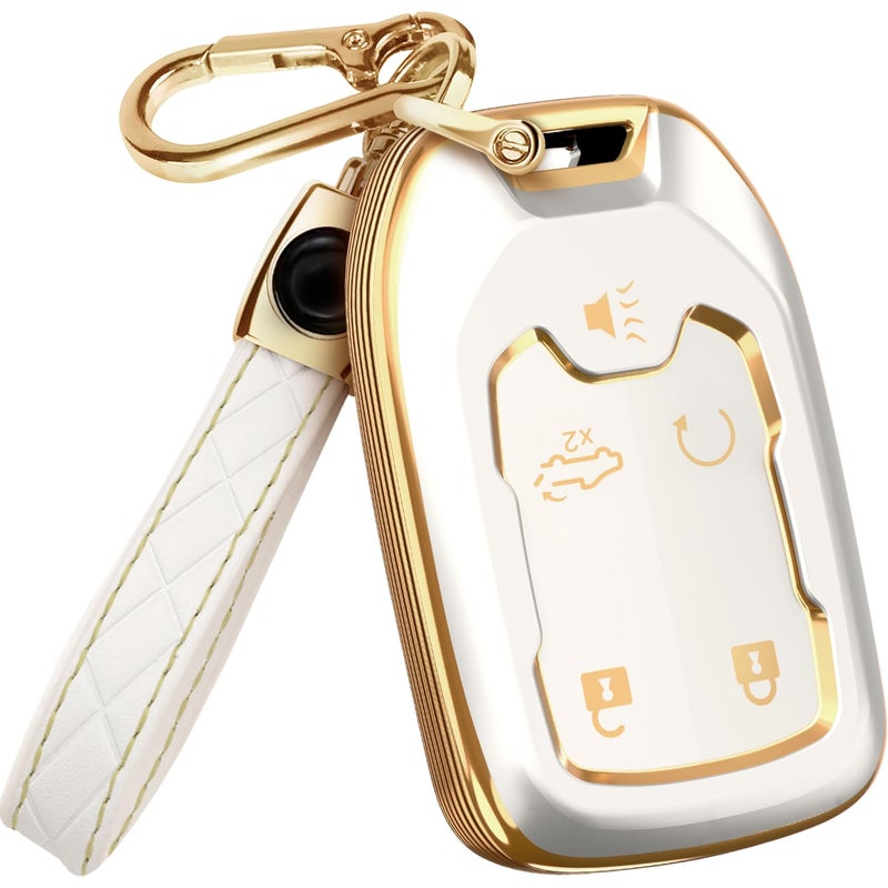 Lucrum Compatible with Chevy & GMC Key Fob Cover & Leather Keychain, 5 Buttons Keyfob Case for Acadia Sierra Silverado Tahoe Terrain Yukon (2014-2023) - White and Gold - Image 1
