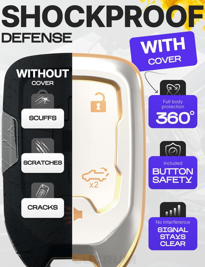 Lucrum Compatible with Chevy & GMC Key Fob Cover & Leather Keychain, 5 Buttons Keyfob Case for Acadia Sierra Silverado Tahoe Terrain Yukon (2014-2023) - White and Gold - Image 4