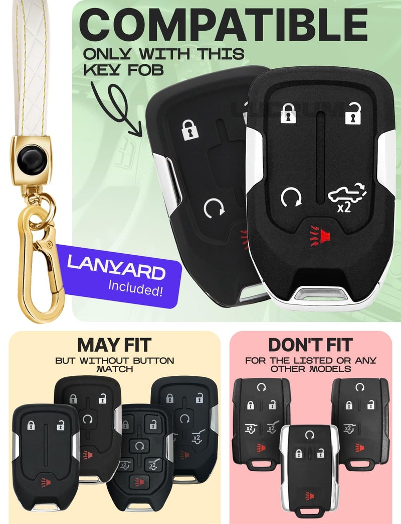 Lucrum Compatible with Chevy & GMC Key Fob Cover & Leather Keychain, 5 Buttons Keyfob Case for Acadia Sierra Silverado Tahoe Terrain Yukon (2014-2023) - White and Gold - Image 2