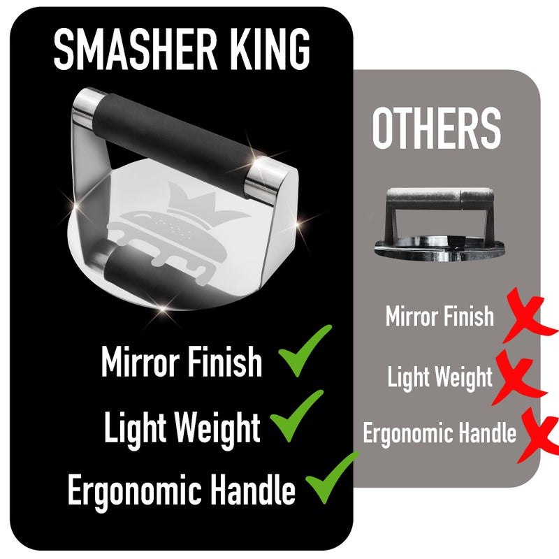 SMASHER KINGâ„¢ - Mirror Polished Stainless Steel Smash Burger Press - Hamburger Smasher Tool for Griddle Cooking - Heat Resistant Handle Grill Press and Meat Weight - Burger Patty Maker for Perfection - Image 3