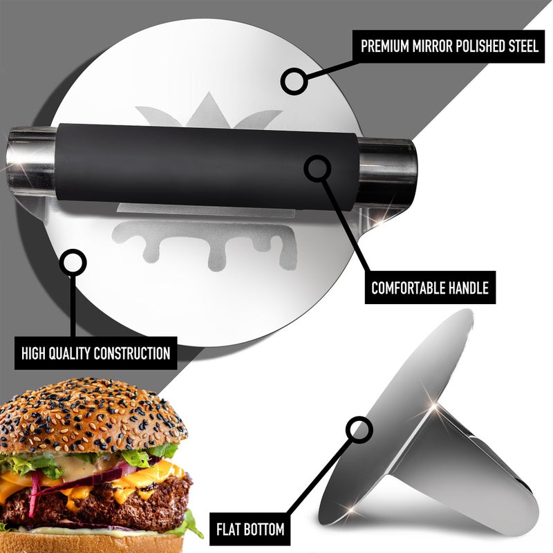 SMASHER KINGâ„¢ - Mirror Polished Stainless Steel Smash Burger Press - Hamburger Smasher Tool for Griddle Cooking - Heat Resistant Handle Grill Press and Meat Weight - Burger Patty Maker for Perfection - Image 5