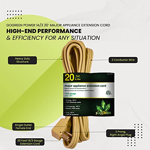 Power By GoGreen Go Green Power Inc. 20ft Appliance Cord, Beige - 14/3 SPT-3, Heavy Duty, Grounded Plug, Kink-Free, Ideal for Large Indoor Appliances - Image 5