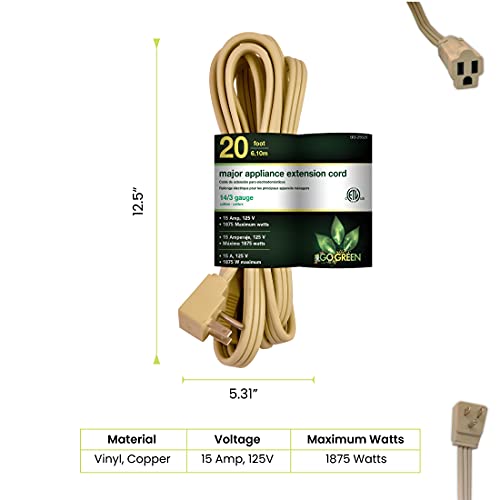 Power By GoGreen Go Green Power Inc. 20ft Appliance Cord, Beige - 14/3 SPT-3, Heavy Duty, Grounded Plug, Kink-Free, Ideal for Large Indoor Appliances - Image 2