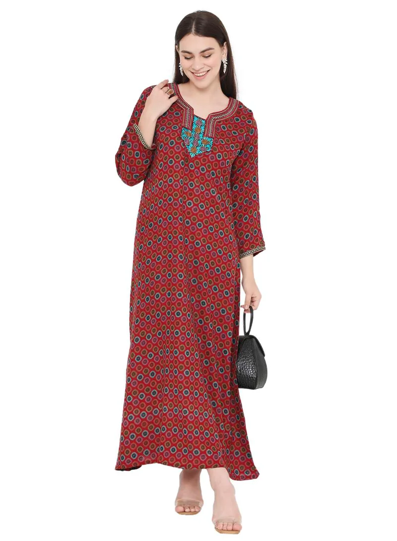 HANA & SARA MULTICOLOUR PRINTED WITH NECK EMBROIDERY ARABIC KAFTAN JALABIYA FARASHA