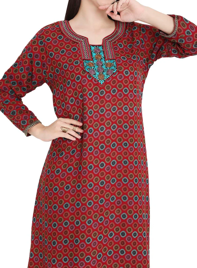 HANA & SARA MULTICOLOUR PRINTED WITH NECK EMBROIDERY ARABIC KAFTAN JALABIYA FARASHA