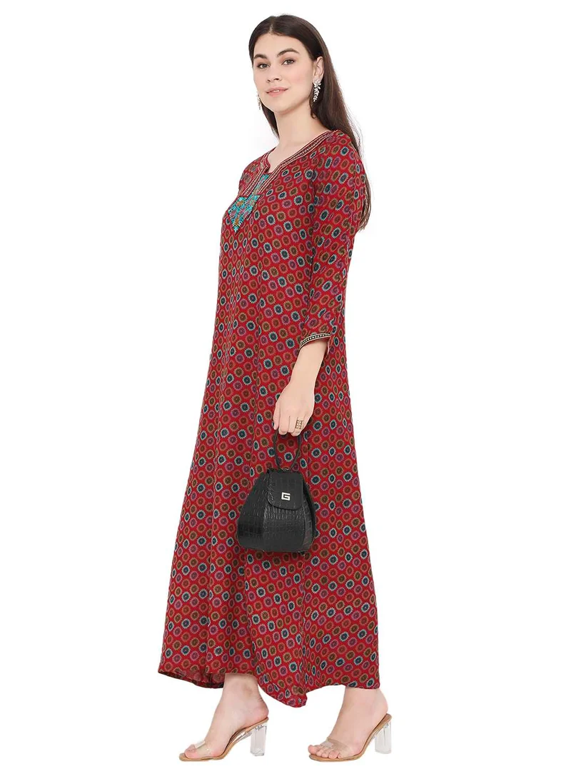 HANA & SARA MULTICOLOUR PRINTED WITH NECK EMBROIDERY ARABIC KAFTAN JALABIYA FARASHA