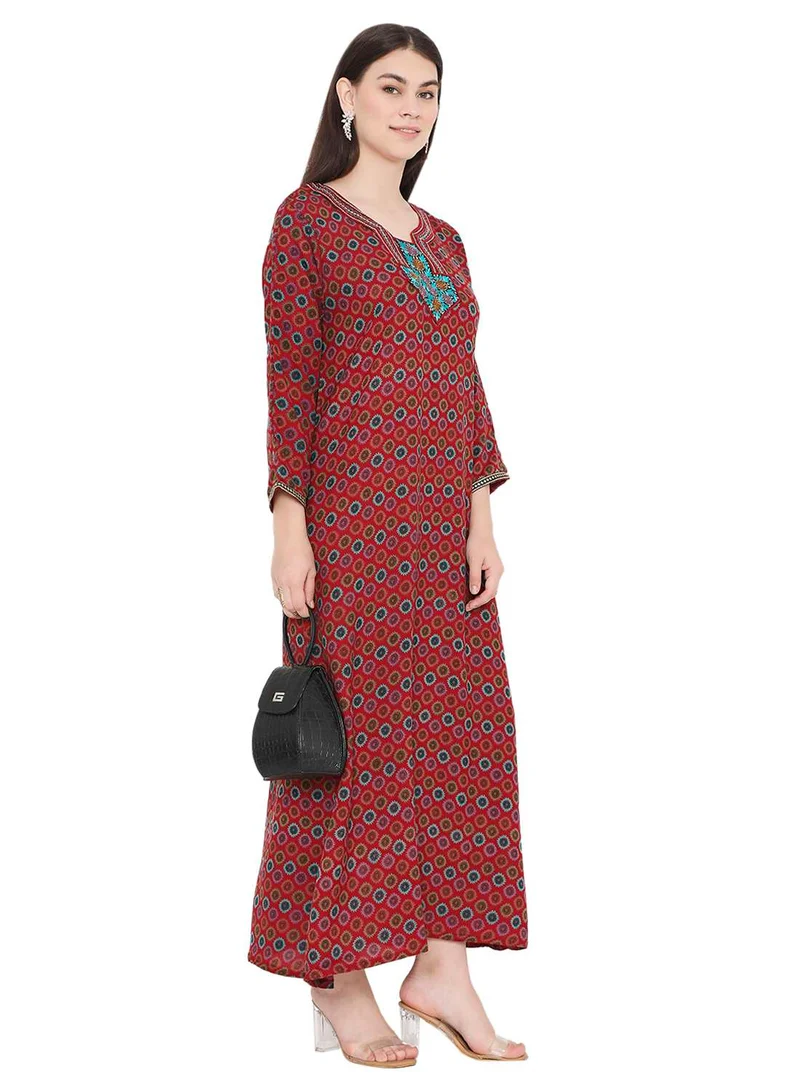 HANA & SARA MULTICOLOUR PRINTED WITH NECK EMBROIDERY ARABIC KAFTAN JALABIYA FARASHA