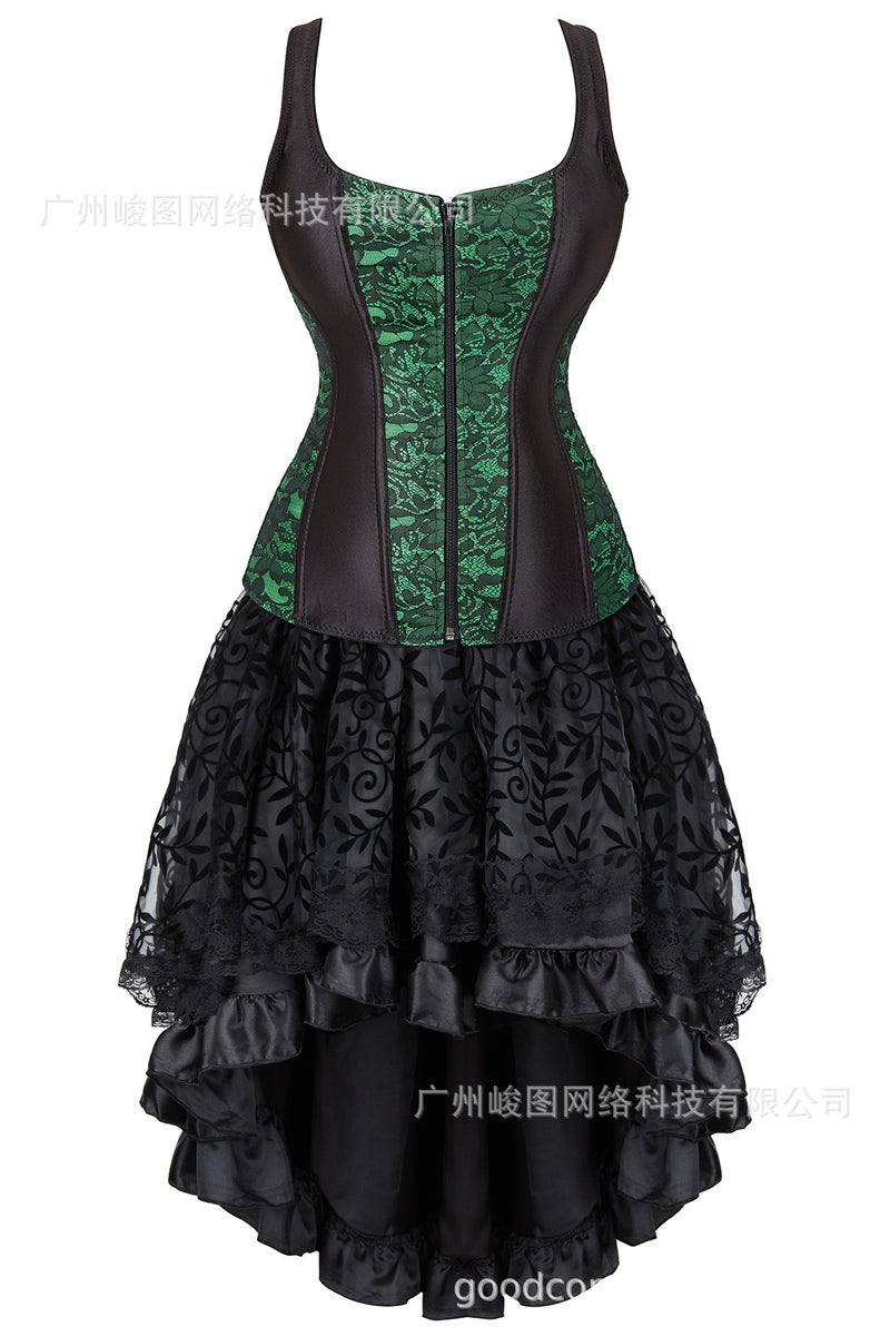 Classic Lotus Leaf Lace Jacquard Adjustable Court Body Shaping Split Set Flocking Luxury Long Dress - Image 1