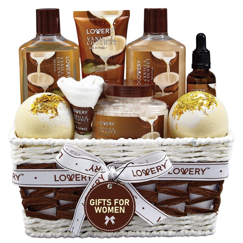 Gifts For Women Gift Basket for Women 9 Piece Set of Vanilla Coconut Home Spa Set Includes Fragrant Lotions Extra Large Bath Bombs Coconut Oil Luxurious Bath Towel  More