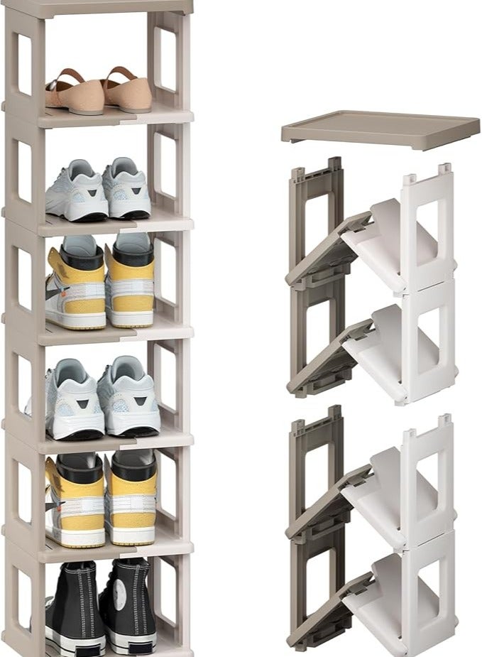 ARNOTEC Shoe Rack for Closet Floor, 7 Tier Foldable Shoe Storage Organizer Cabinet, Vertical Narrow Shoe Shelf for Small Space, Stackable Shoe Holder for Entryway, Closet, Dorm (White & Brown)  - Image 1
