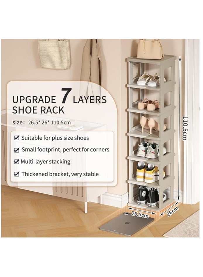 ARNOTEC Shoe Rack for Closet Floor, 7 Tier Foldable Shoe Storage Organizer Cabinet, Vertical Narrow Shoe Shelf for Small Space, Stackable Shoe Holder for Entryway, Closet, Dorm (White & Brown)  - Image 3