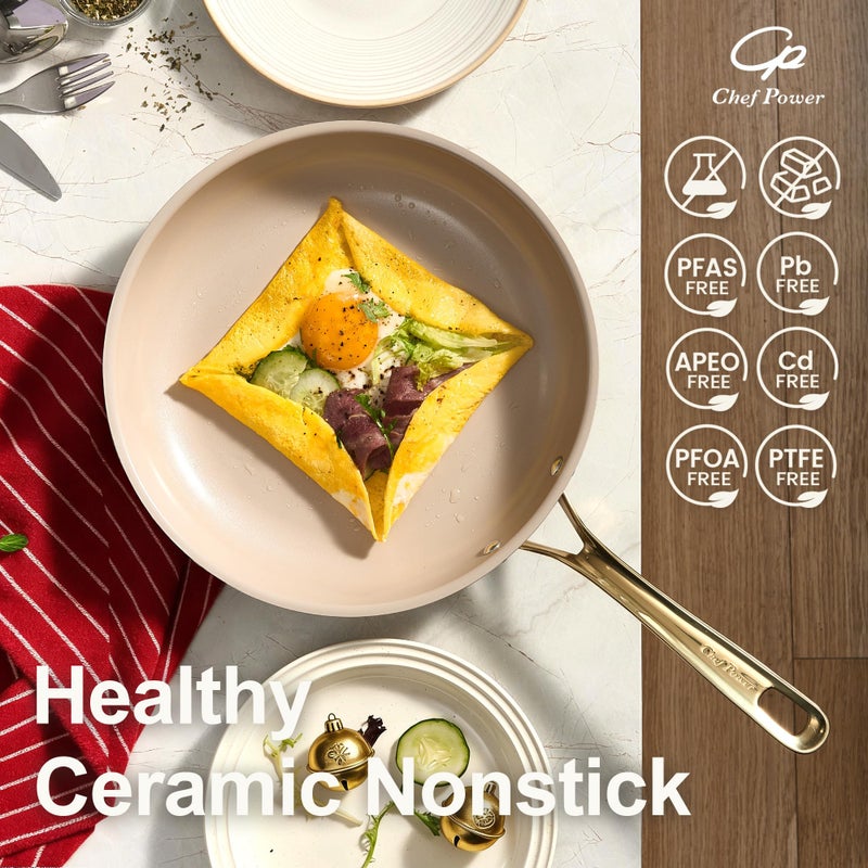Chef Power Ceramic Frying Pan with Stainless Steel Handle 5Pcs Set, Non Stick Grill Pan Set, Dishwasher and Oven Safe, Taupe and Light Gold Handle - Image 3