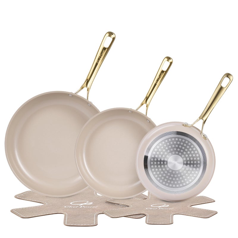 Chef Power Ceramic Frying Pan with Stainless Steel Handle 5Pcs Set, Non Stick Grill Pan Set, Dishwasher and Oven Safe, Taupe and Light Gold Handle - Image 1