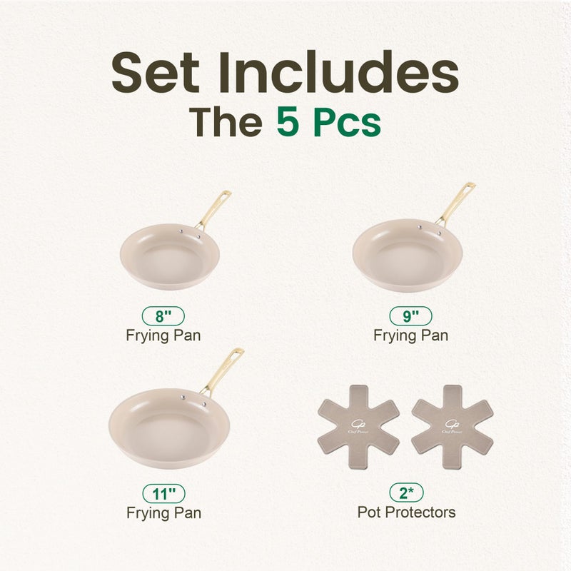 Chef Power Ceramic Frying Pan with Stainless Steel Handle 5Pcs Set, Non Stick Grill Pan Set, Dishwasher and Oven Safe, Taupe and Light Gold Handle - Image 2