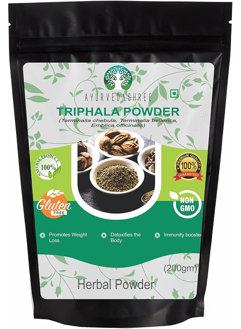 AYURVEDASHREE مسحوق تريفالا 200 جرام | تركيبة من الأملا والهريتاكي والبيبهيتاكي | يدعم إزالة السموم والتطهير والتجديد يوميًا | يدعم الجهاز المناعي | خالٍ من الكائنات المعدلة وراثيًا | نباتي | معتمد من ممارسات التصنيع الجيدة - Image 1