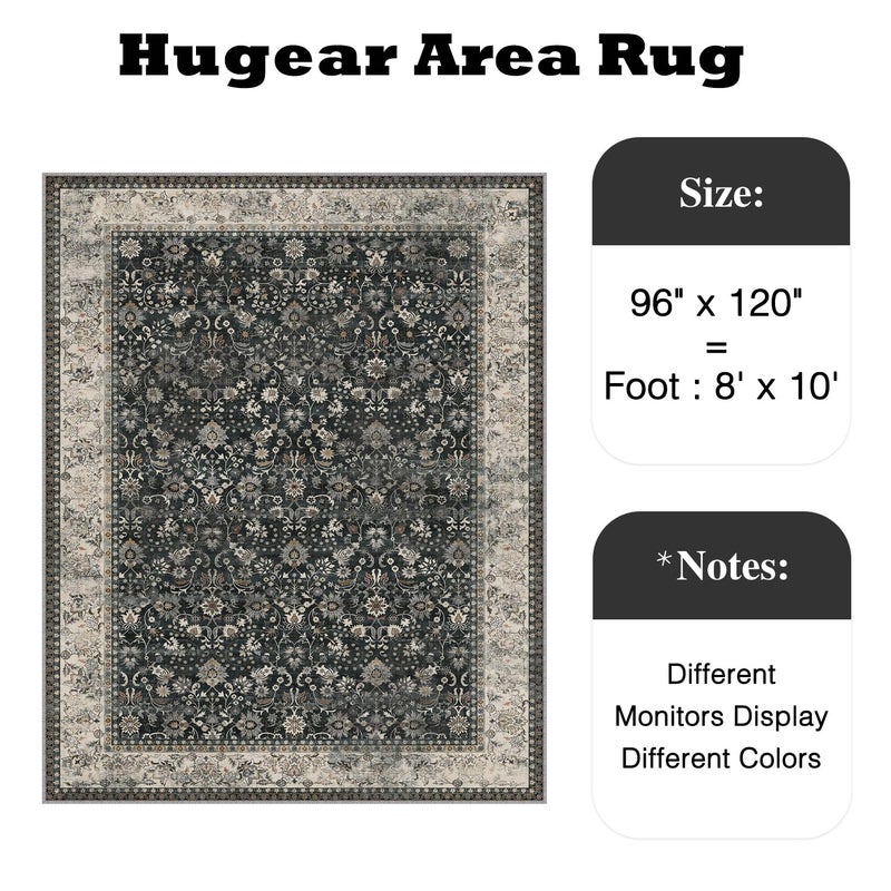 HUGEAR 8x10 Machine Washable Rugs Black Beige Hallway Large Area Rug Indoor Accent Rug Floral Low Pile Carpet Soft Throw Aesthetic Rug Bedroom Living Room Office Dining Room Laundry Room - Image 2