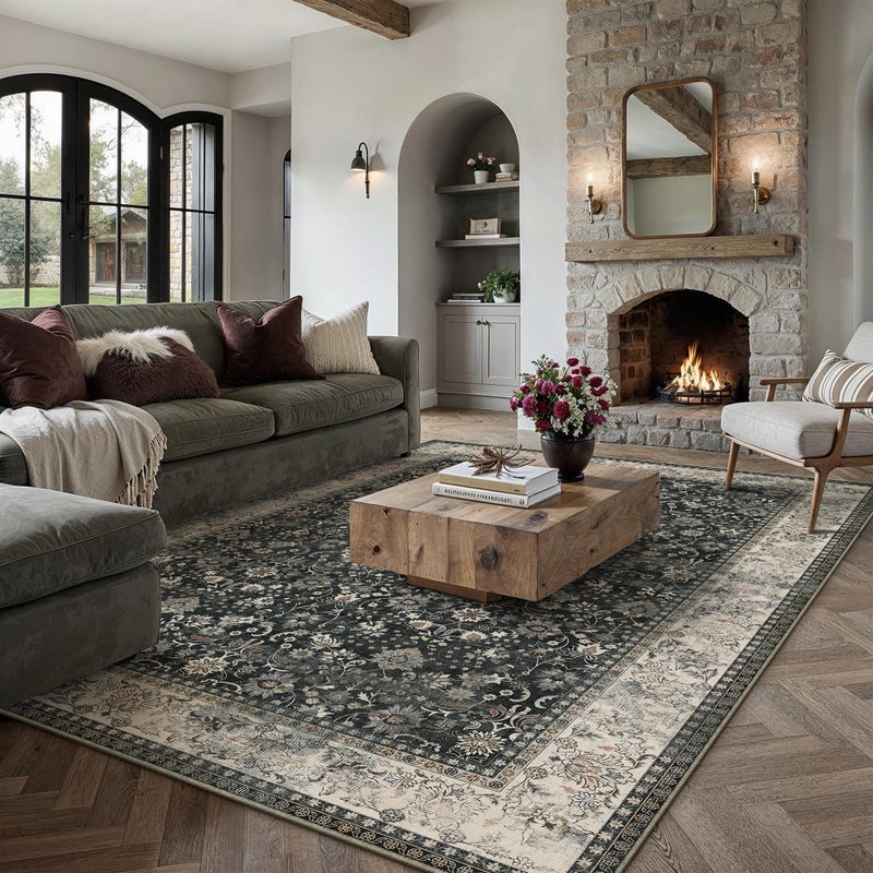 HUGEAR 8x10 Machine Washable Rugs Black Beige Hallway Large Area Rug Indoor Accent Rug Floral Low Pile Carpet Soft Throw Aesthetic Rug Bedroom Living Room Office Dining Room Laundry Room - Image 3