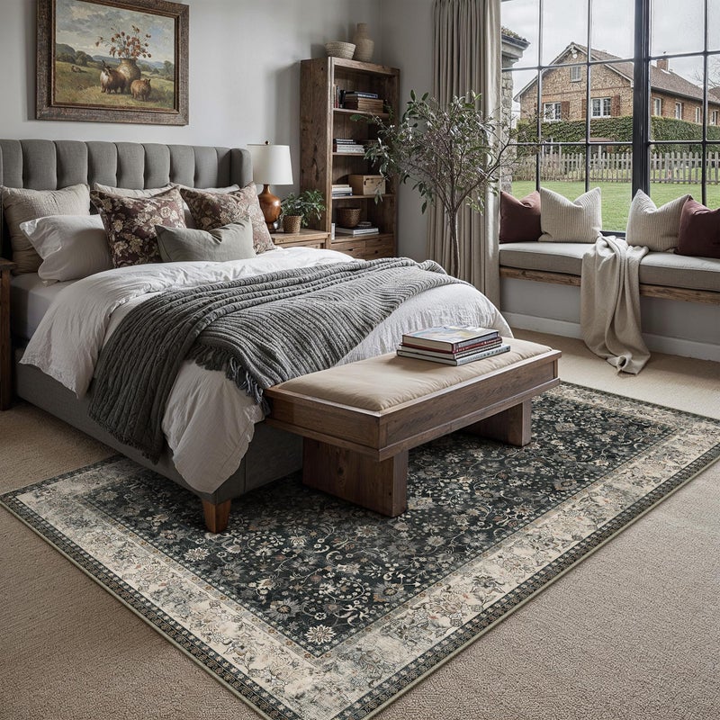 HUGEAR 8x10 Machine Washable Rugs Black Beige Hallway Large Area Rug Indoor Accent Rug Floral Low Pile Carpet Soft Throw Aesthetic Rug Bedroom Living Room Office Dining Room Laundry Room - Image 4