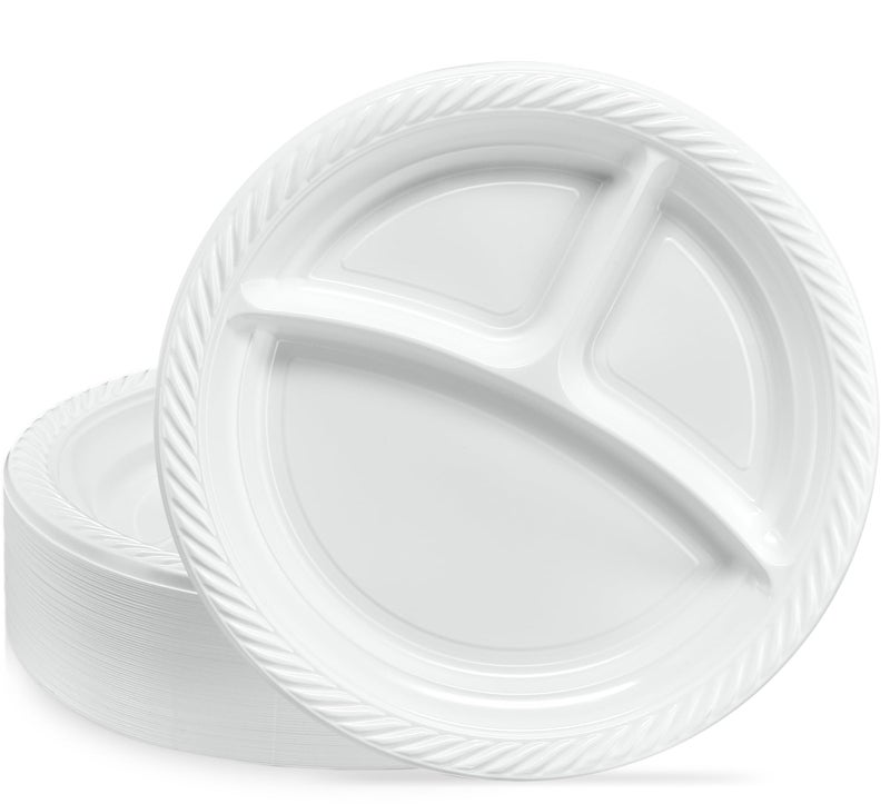 PLASTICPRO 9 inch Round Plastic Plates 3 Compartment 3 Section Plates Microwaveable Disposable White Dinnerware 100 Count - Image 2