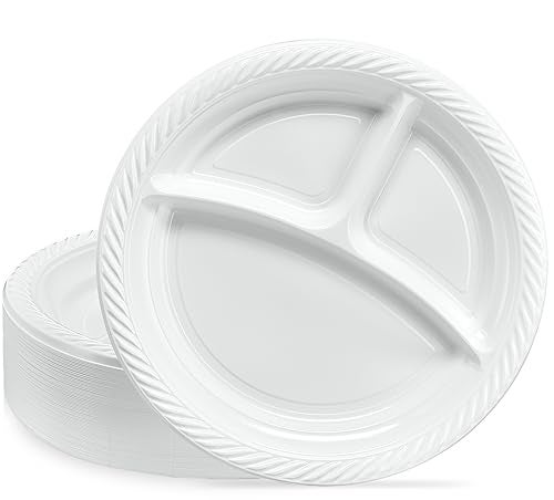 PLASTICPRO 9 inch Round Plastic Plates 3 Compartment 3 Section Plates Microwaveable Disposable White Dinnerware 100 Count - Image 1