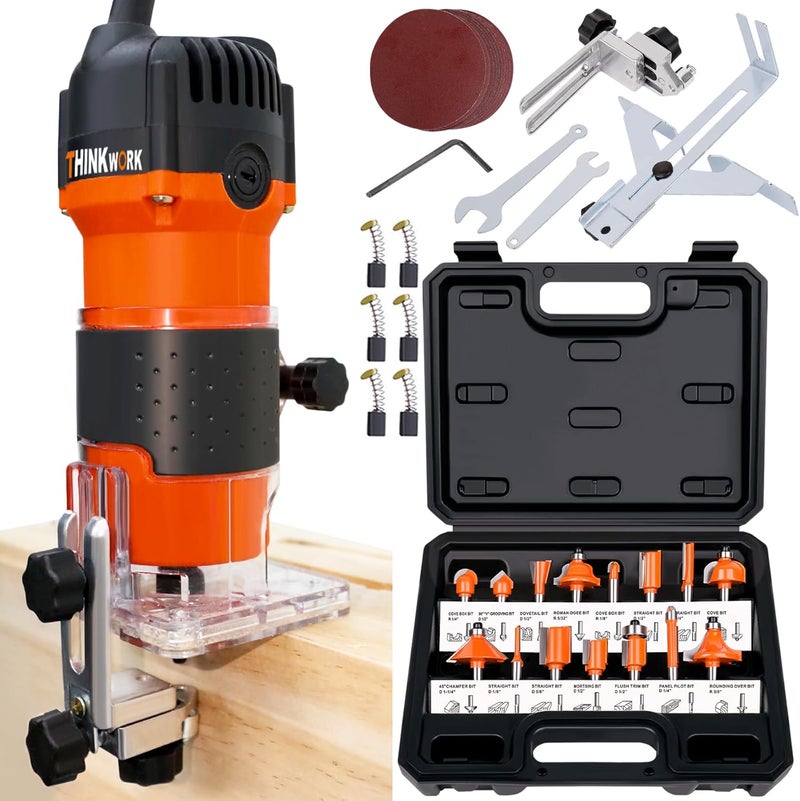 THINKWORK Router Tool, 6.5 Amp 1.25 HP Wood Router for Woodworking, Trim Router with 15 Pieces 1/4" Router Bits Set - Image 1