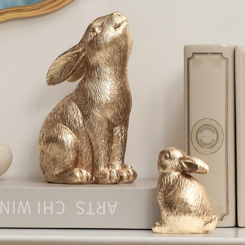 DN DECONATION Set of 2 Easter Bunny Figurines, Gold Home Decor Resin Rabbit Statue, Easter Table Decor, Rabbit Figurines for Spring, Vintage Decorations Indoor Home Decor for Living Room Farmhouse Gift - Image 2