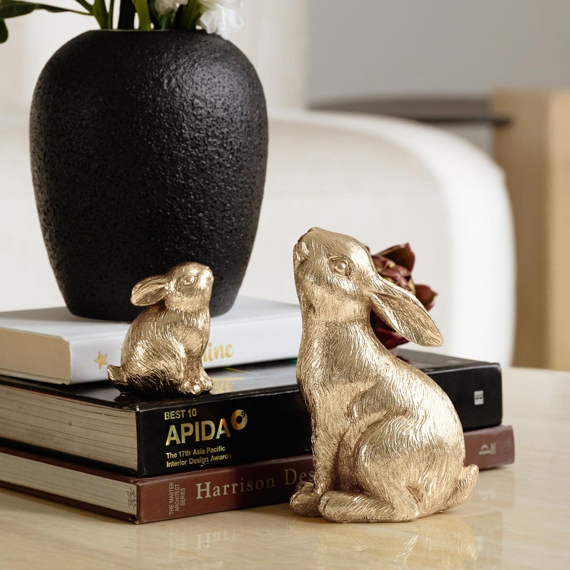 DN DECONATION Set of 2 Easter Bunny Figurines, Gold Home Decor Resin Rabbit Statue, Easter Table Decor, Rabbit Figurines for Spring, Vintage Decorations Indoor Home Decor for Living Room Farmhouse Gift - Image 5