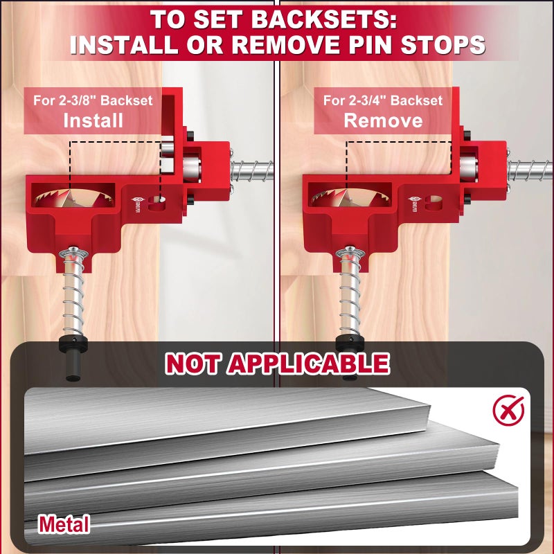 Gohelper Door Lock Installation Kit for 1-3/8" and 1-3/4" Wooden Doors with Guide Template, Aluminum Alloy Door Hole Drilling Kit, Door Lock Jig Clamp Design Fits 2-3/8" and 2-3/4" Backsets, Drill Bit Included - Image 3