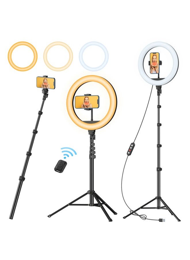 TODI 12" Ring Light with 63" extendable Tripod Stand, Selfie Ring Light with Phone Holder and Wireless Remote, 2-in-1 Dimmable LED Ring Light and Selfie Stick for Makeup, Live Stream, Photography - Image 1