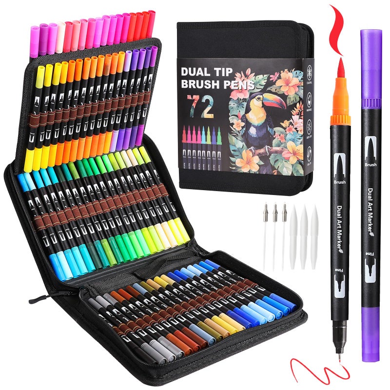 TOSHARE Art Markers Pens Dual Tip Coloring Markers Set with Brush Fine Nib for Adult Coloring Book Christmas Gifts Professional Calligraphy Drawing Art Supplies Kit for Adults 72 Colors