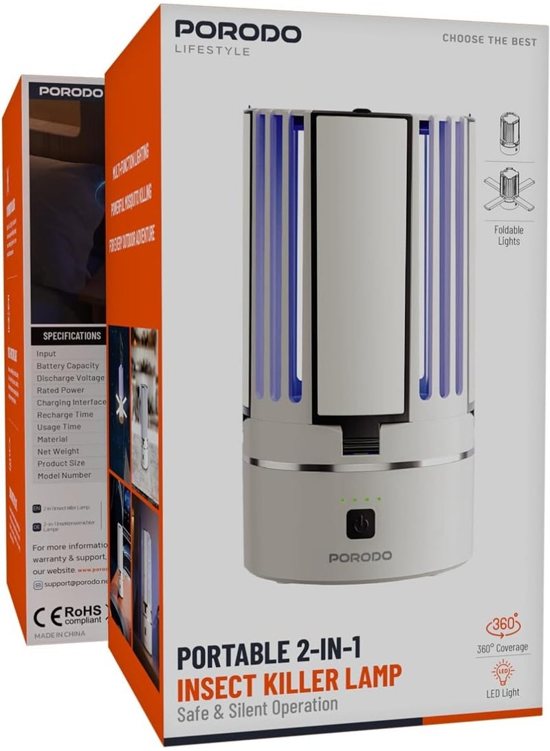 بورودو مصباح بورودو لايف ستايل المحمول لقتل الحشرات، مزود ببطارية 4000 مللي أمبير، تشغيل آمن وهادئ، يقتل البعوض بالأشعة فوق البنفسجية، تغطية 360 درجة، صاعق حشرات مع مصابيح LED قابلة للطي، شحن من النوع C - أبيض - Image 3