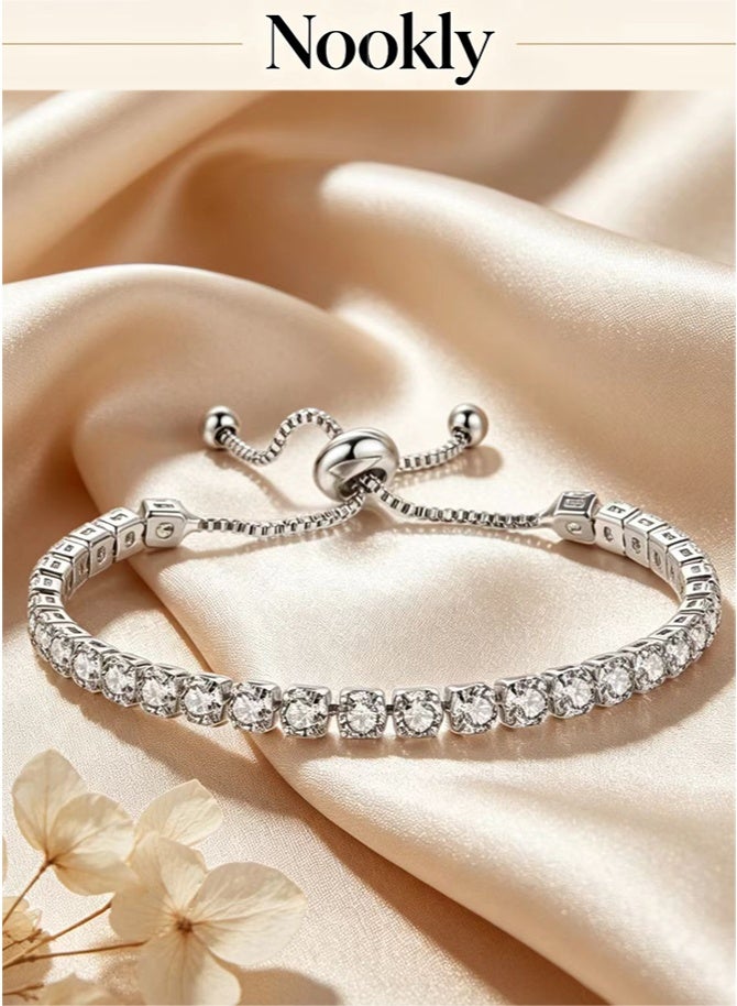 nookly White Gold Plated Cubic Zirconia Bracelet for Women, Dainty Classic Adjustable Slider Bracelet, Silver Fashion Jewelry Wedding Gift - Image 1