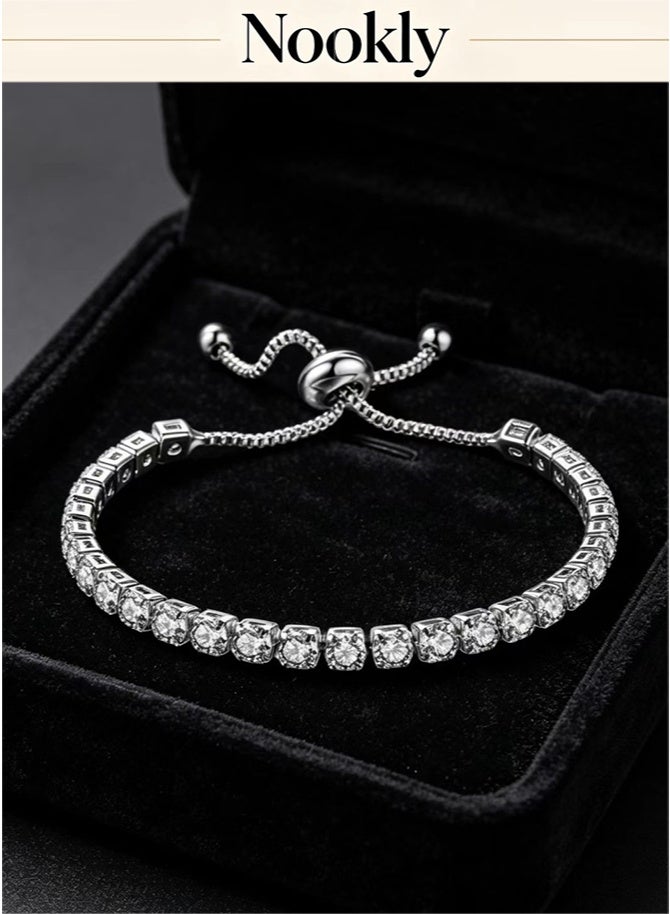 nookly White Gold Plated Cubic Zirconia Bracelet for Women, Dainty Classic Adjustable Slider Bracelet, Silver Fashion Jewelry Wedding Gift - Image 2