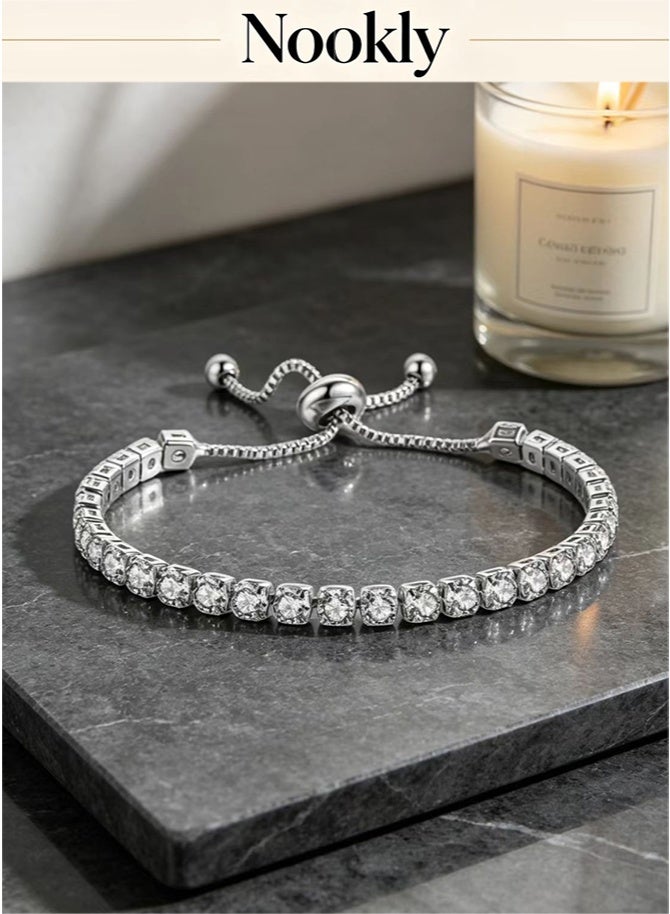 nookly White Gold Plated Cubic Zirconia Bracelet for Women, Dainty Classic Adjustable Slider Bracelet, Silver Fashion Jewelry Wedding Gift - Image 4